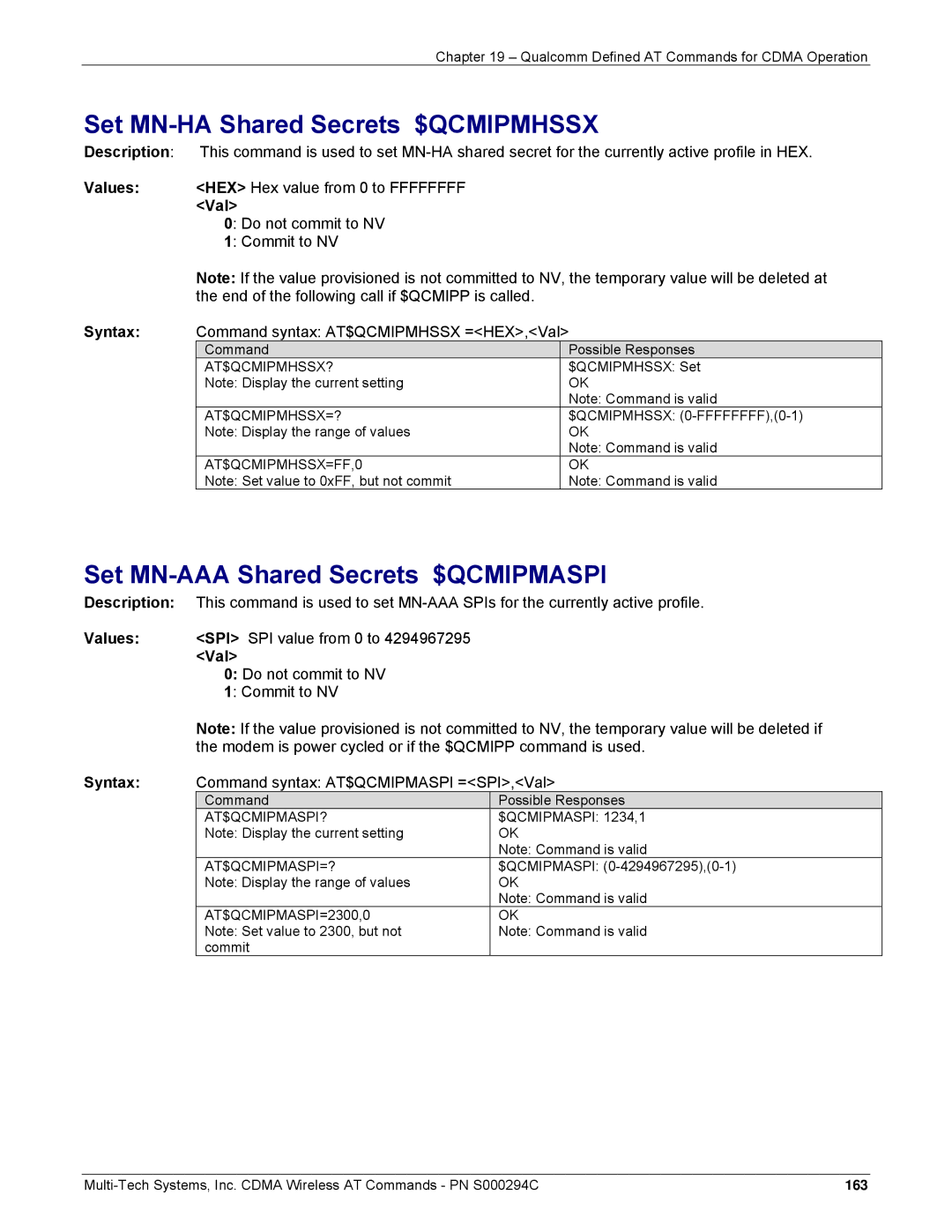 Multi-Tech Systems CDMA Wireless Modem manual Set MN-HA Shared Secrets $QCMIPMHSSX, Set MN-AAA Shared Secrets $QCMIPMASPI 