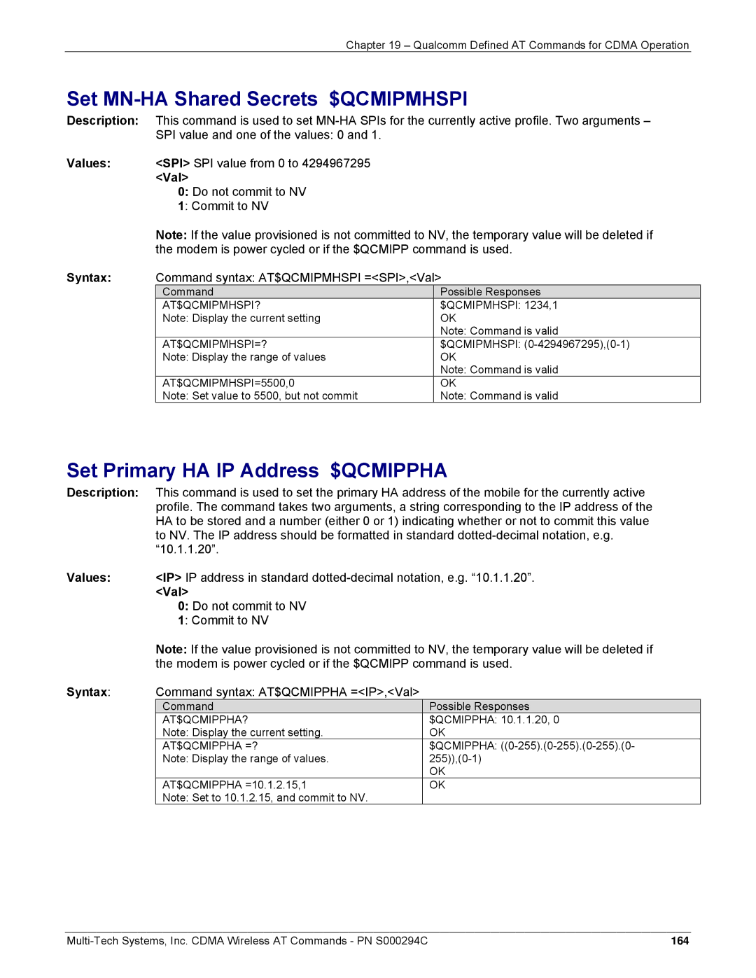 Multi-Tech Systems CDMA Wireless Modem manual Set MN-HA Shared Secrets $QCMIPMHSPI, Set Primary HA IP Address $QCMIPPHA 