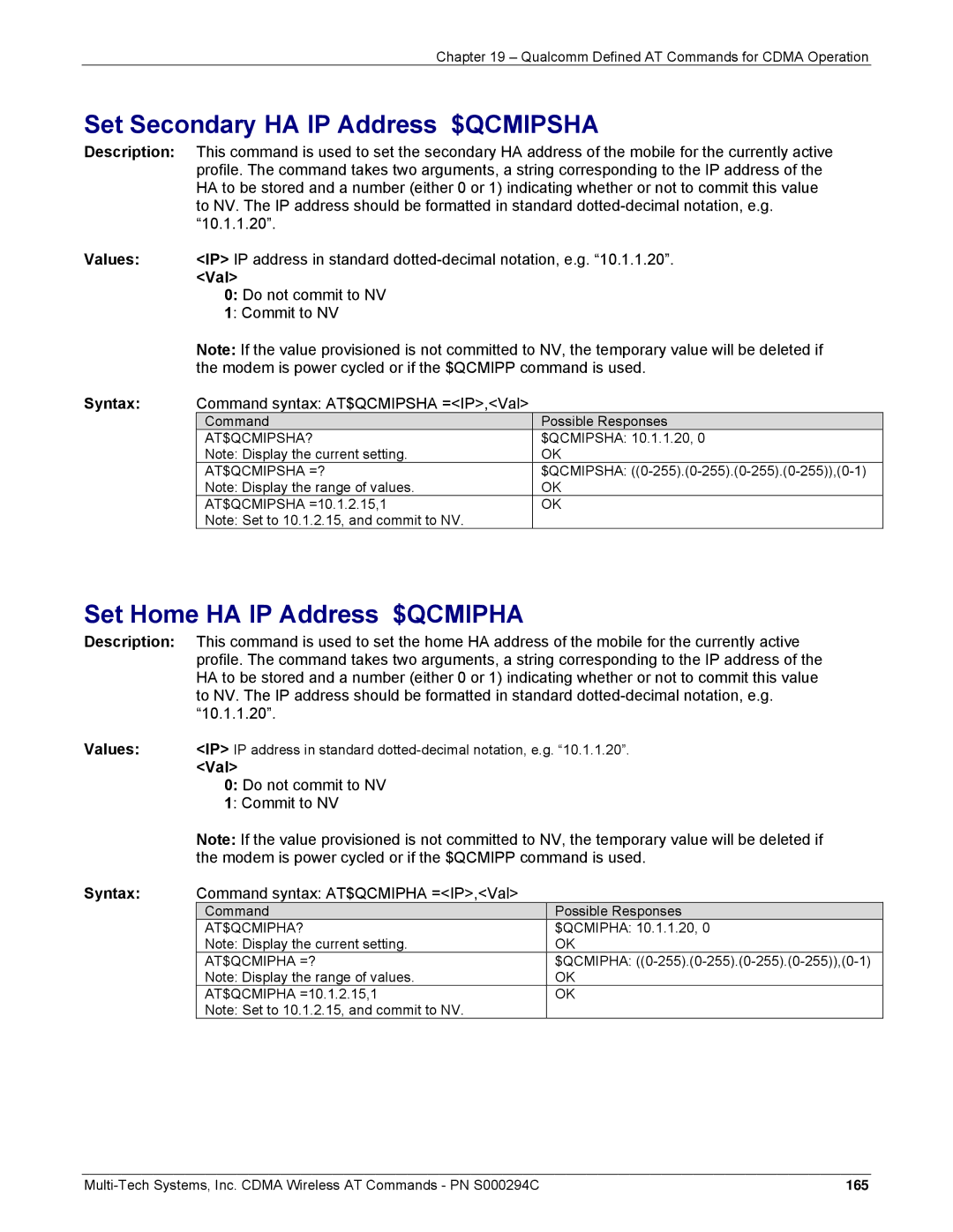 Multi-Tech Systems CDMA Wireless Modem manual Set Secondary HA IP Address $QCMIPSHA, Set Home HA IP Address $QCMIPHA 