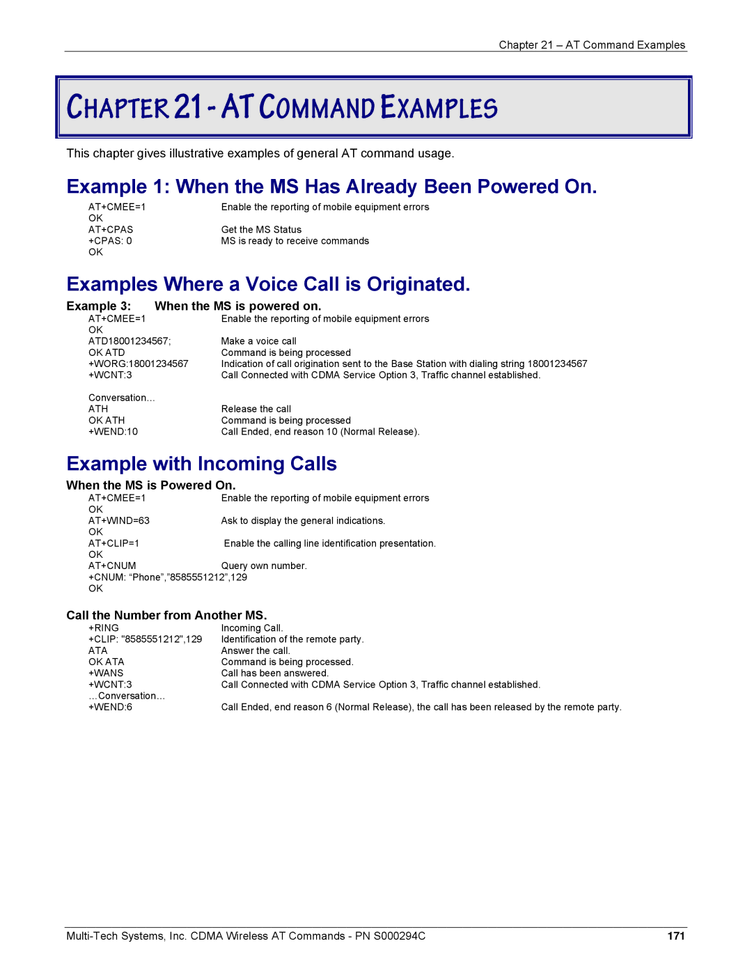 Multi-Tech Systems CDMA Wireless Modem Example 1 When the MS Has Already Been Powered On, Example with Incoming Calls 