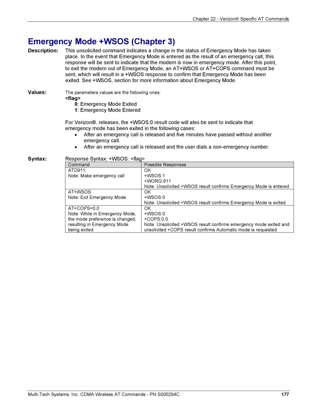 Multi-Tech Systems CDMA Wireless Modem manual Emergency Mode +WSOS Chapter, AT+WSOS +WSOS0 AT+COPS=0,0 