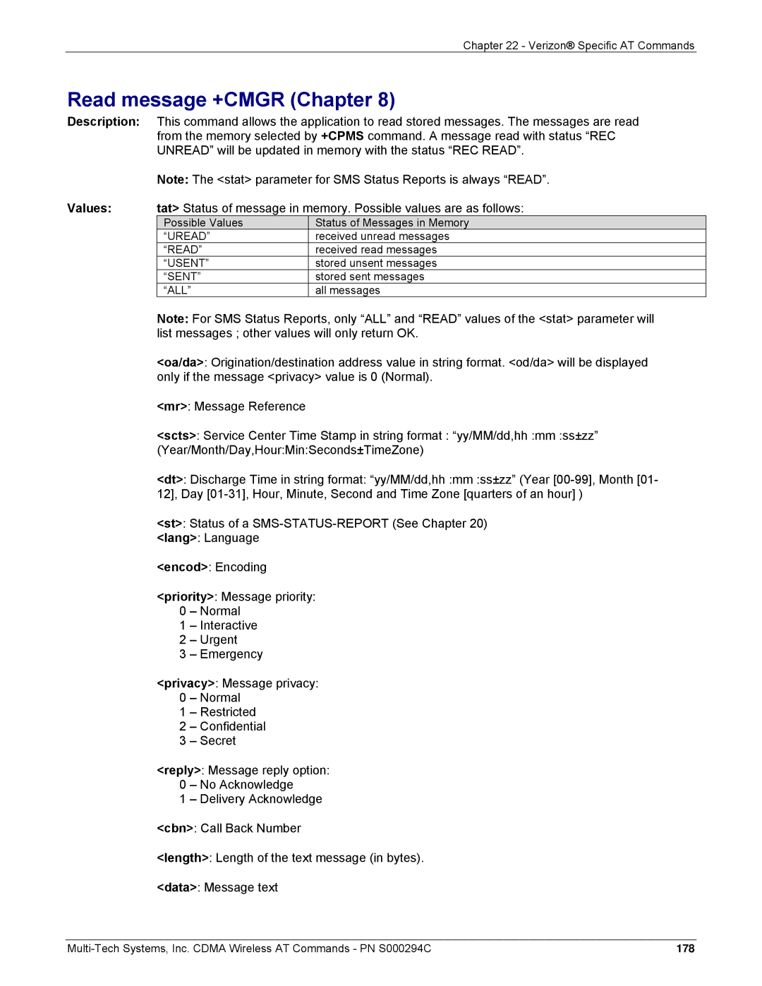 Multi-Tech Systems CDMA Wireless Modem manual Read message +CMGR Chapter, Only if the message privacy value is 0 Normal 