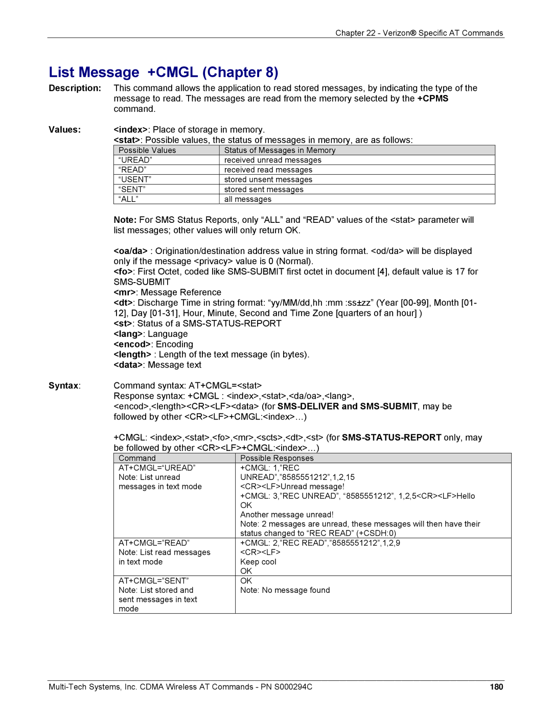 Multi-Tech Systems CDMA Wireless Modem manual List Message +CMGL Chapter, Command syntax AT+CMGL=stat 