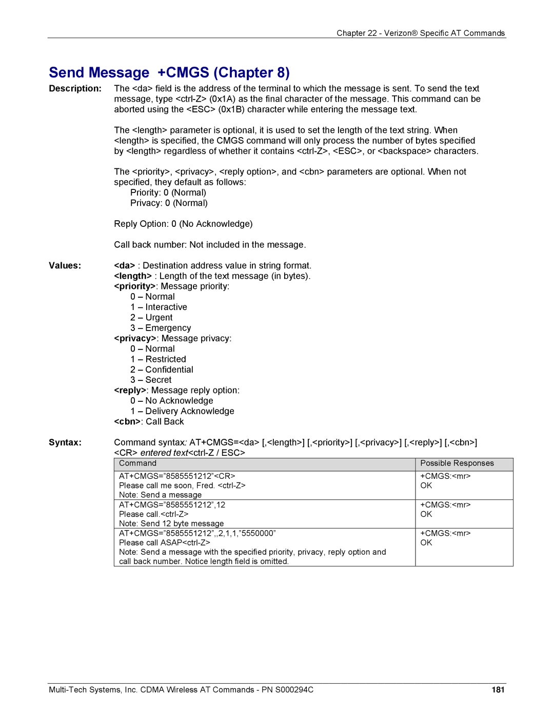 Multi-Tech Systems CDMA Wireless Modem manual Send Message +CMGS Chapter, Reply Message reply option, No Acknowledge 