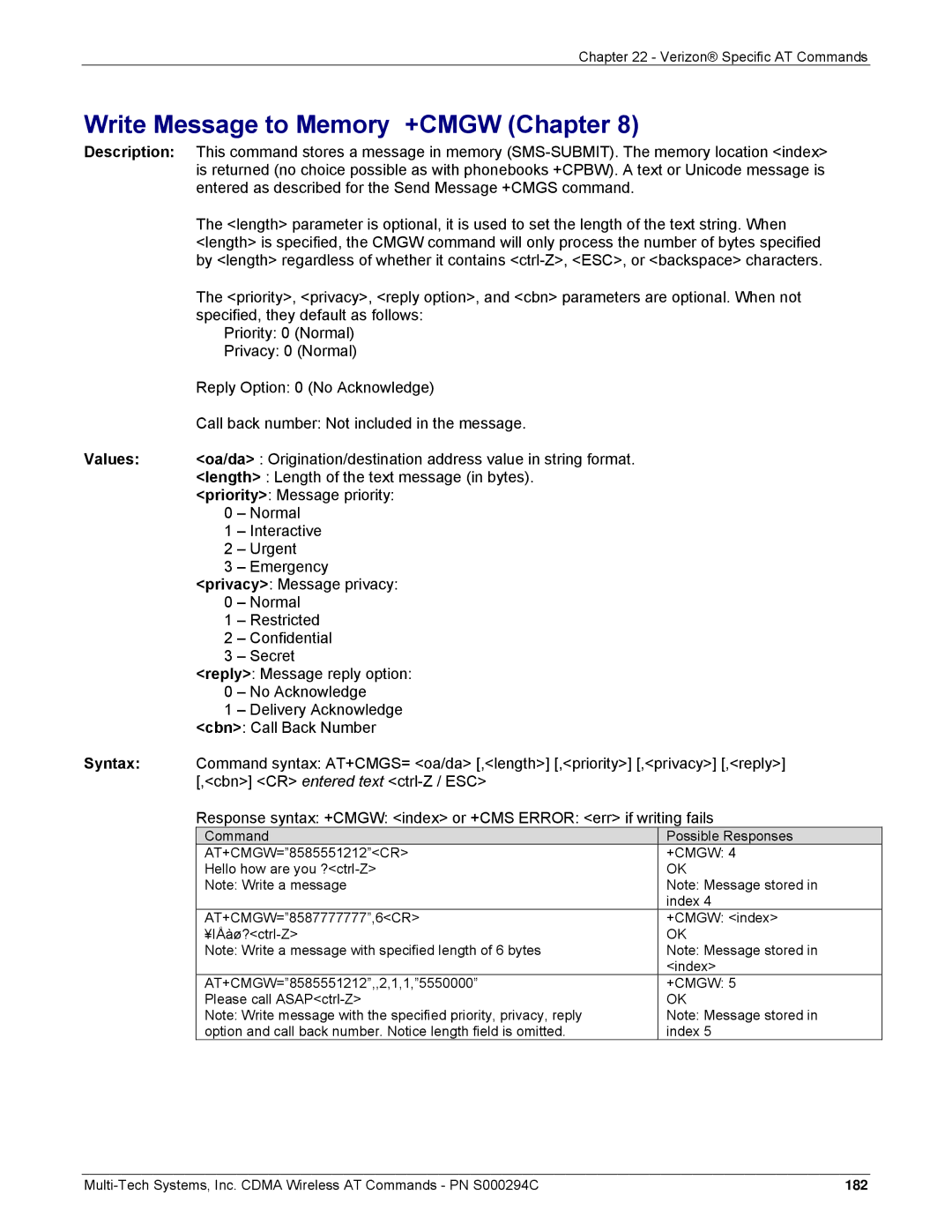 Multi-Tech Systems CDMA Wireless Modem manual Write Message to Memory +CMGW Chapter, Cbn CR entered text ctrl-Z / ESC 