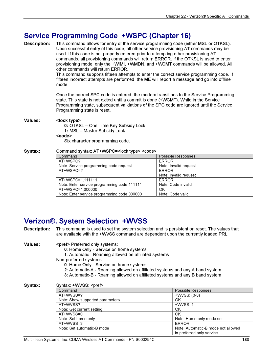 Multi-Tech Systems CDMA Wireless Modem manual Service Programming Code +WSPC Chapter, Verizon. System Selection +WVSS 