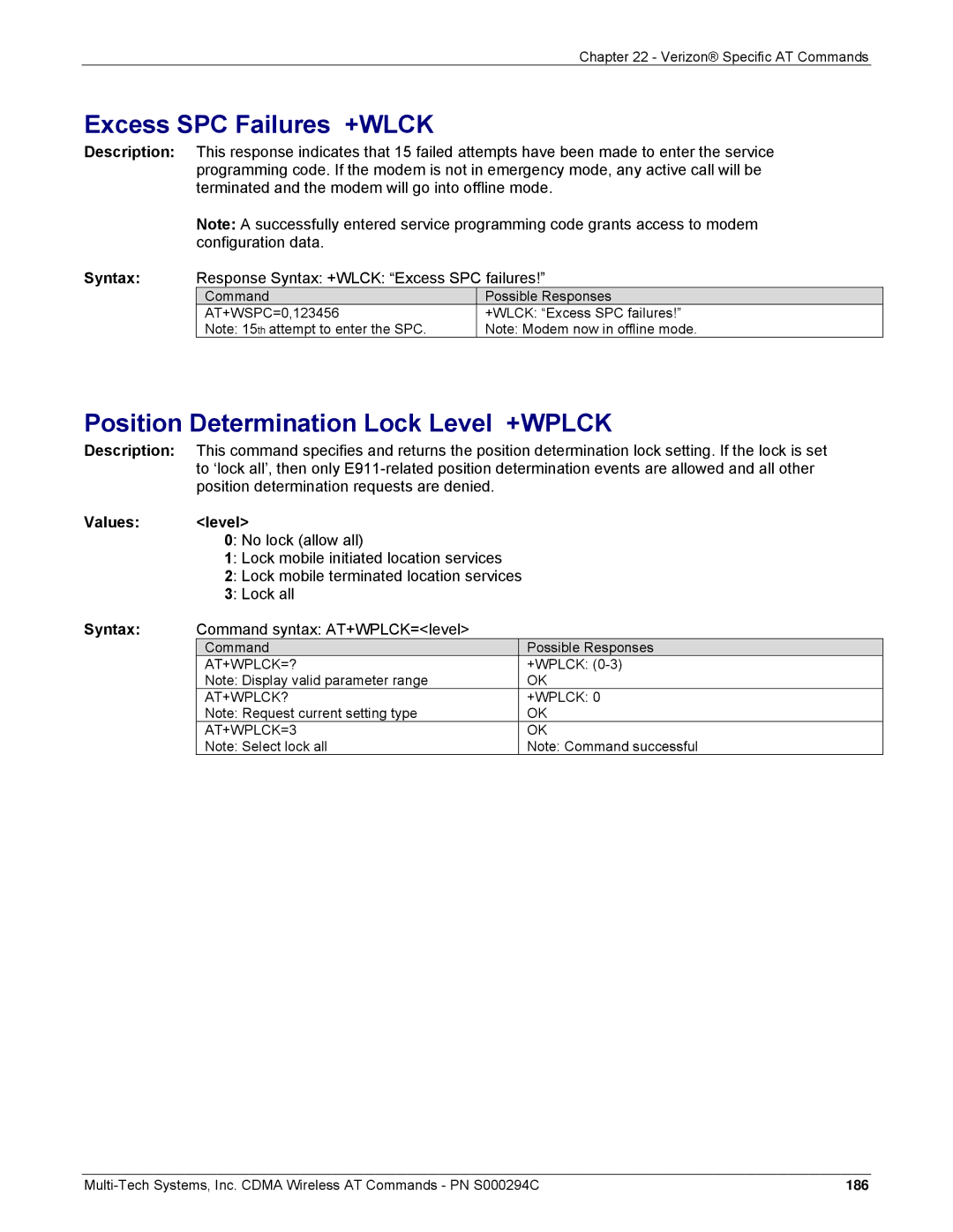 Multi-Tech Systems CDMA Wireless Modem Excess SPC Failures +WLCK, Position Determination Lock Level +WPLCK, At+Wplck=? 