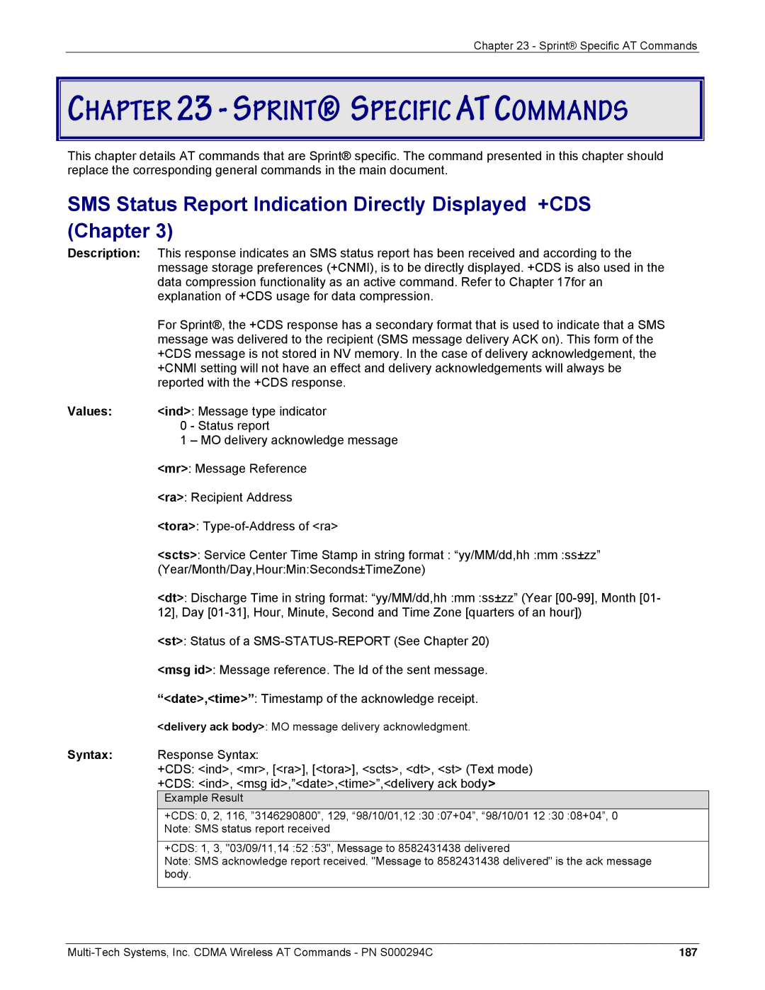 Multi-Tech Systems CDMA Wireless Modem manual Response Syntax, +CDS ind, mr, ra, tora, scts, dt, st Text mode 