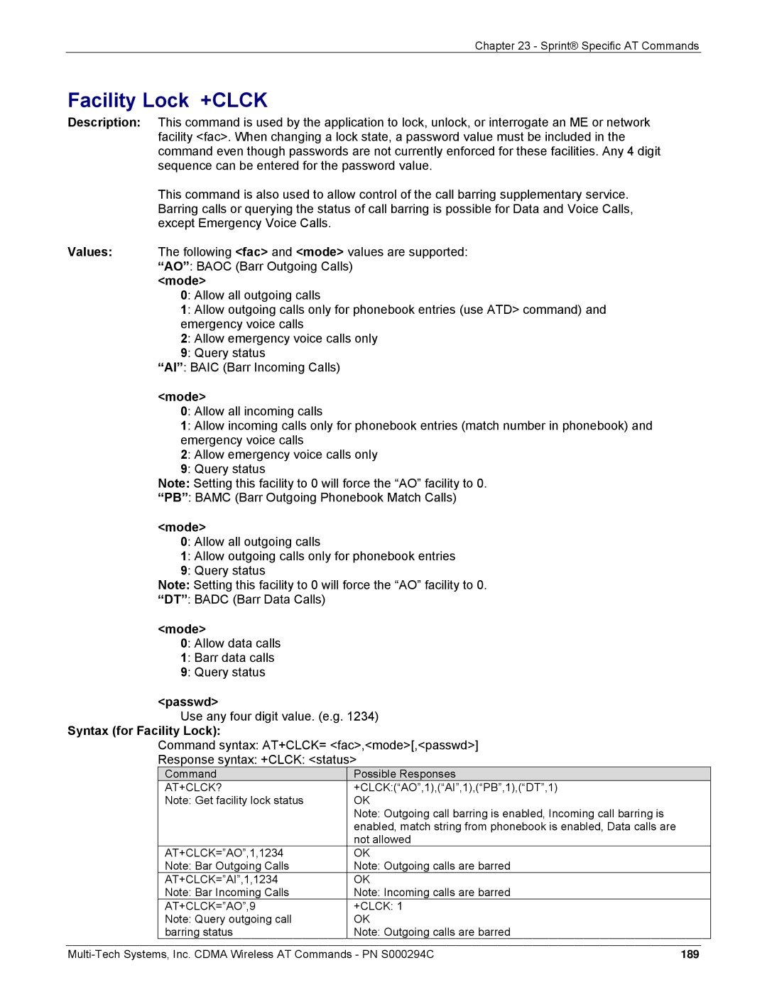 Multi-Tech Systems CDMA Wireless Modem manual Allow data calls Barr data calls Query status, Use any four digit value. e.g 