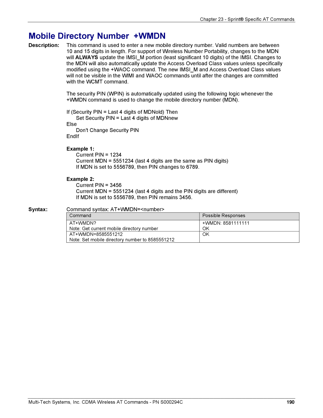 Multi-Tech Systems CDMA Wireless Modem manual 190 