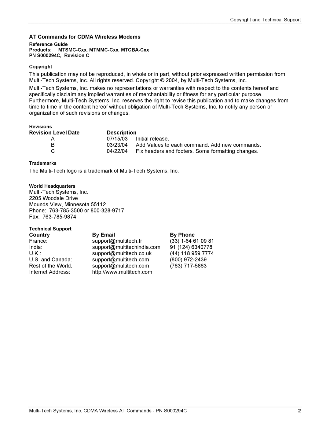 Multi-Tech Systems CDMA Wireless Modem manual AT Commands for Cdma Wireless Modems, Revision Level Date Description 