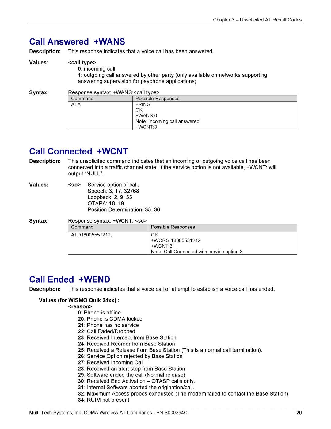 Multi-Tech Systems CDMA Wireless Modem manual Call Answered +WANS, Call Connected +WCNT, Call Ended +WEND, Values Call type 