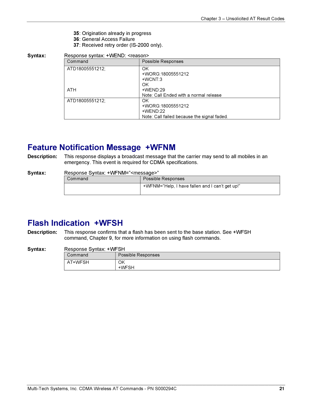 Multi-Tech Systems CDMA Wireless Modem manual Feature Notification Message +WFNM, Flash Indication +WFSH, Ath, At+Wfsh 