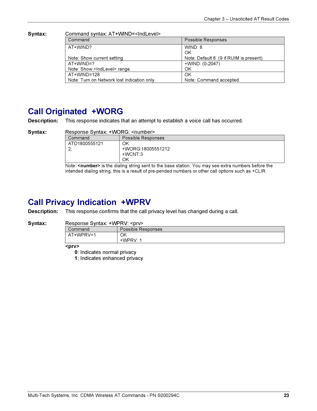 Multi-Tech Systems CDMA Wireless Modem manual Call Originated +WORG, Call Privacy Indication +WPRV, Prv 