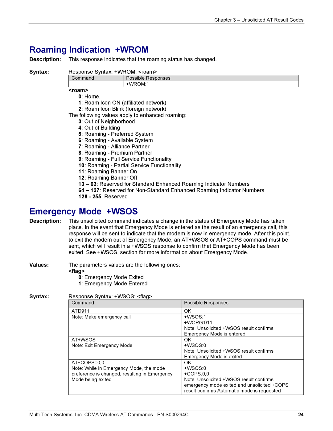 Multi-Tech Systems CDMA Wireless Modem manual Roaming Indication +WROM, Emergency Mode +WSOS, Flag 