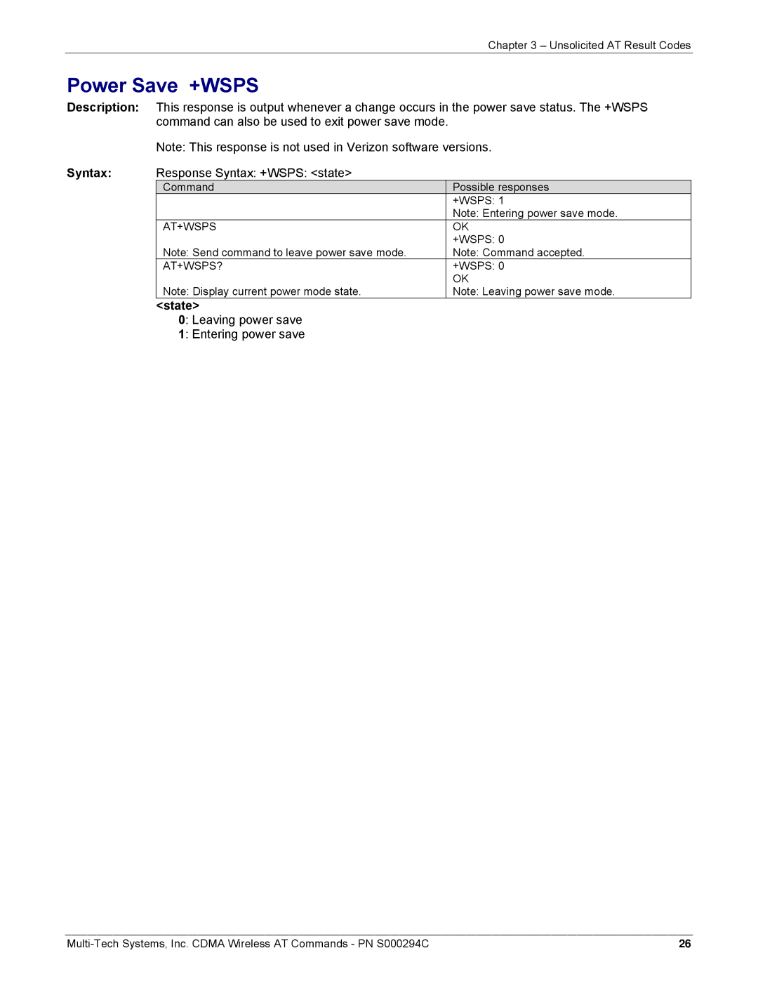 Multi-Tech Systems CDMA Wireless Modem manual Power Save +WSPS, Response Syntax +WSPS state, State 