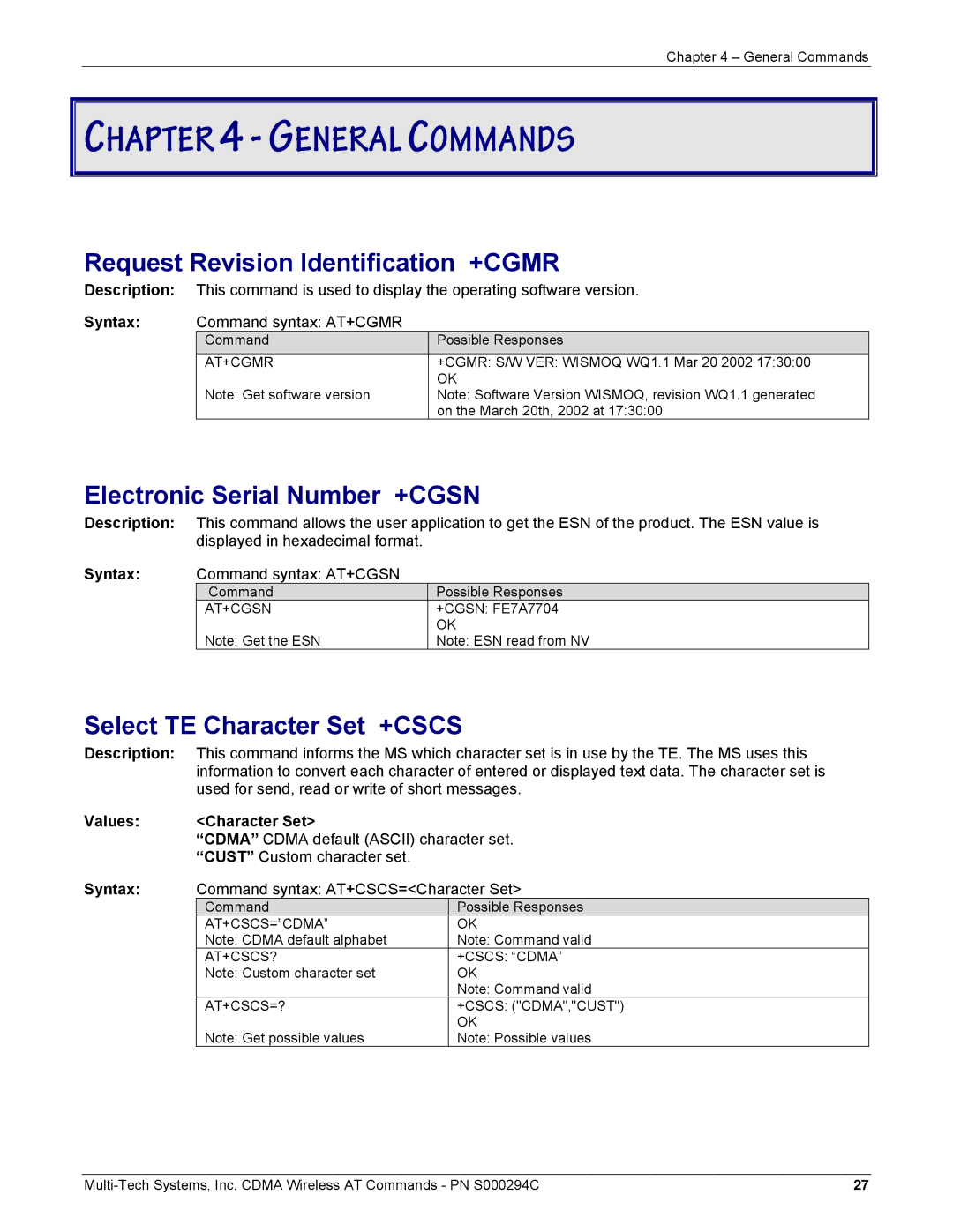 Multi-Tech Systems CDMA Wireless Modem manual Request Revision Identification +CGMR, Electronic Serial Number +CGSN 