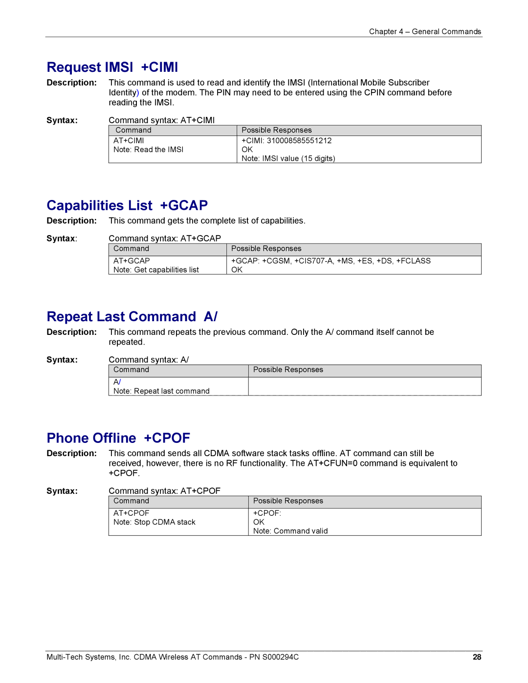 Multi-Tech Systems CDMA Wireless Modem manual Request Imsi +CIMI, Capabilities List +GCAP, Repeat Last Command a 