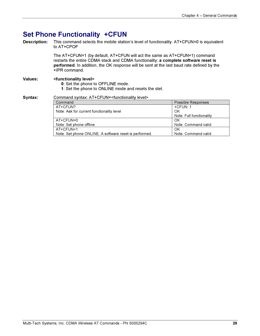 Multi-Tech Systems CDMA Wireless Modem manual Set Phone Functionality +CFUN, Values Functionality level, At+Cfun? 