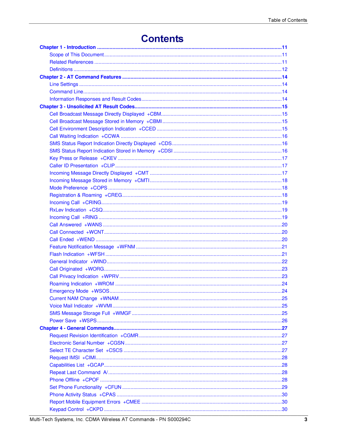 Multi-Tech Systems CDMA Wireless Modem manual Contents 