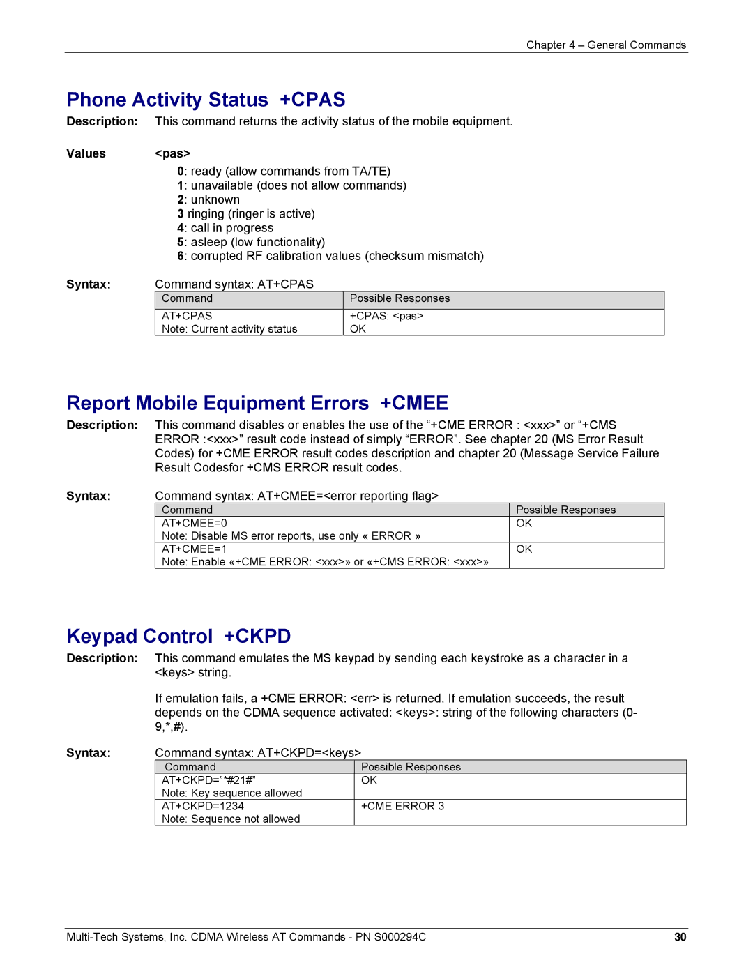 Multi-Tech Systems CDMA Wireless Modem manual Phone Activity Status +CPAS, Report Mobile Equipment Errors +CMEE 