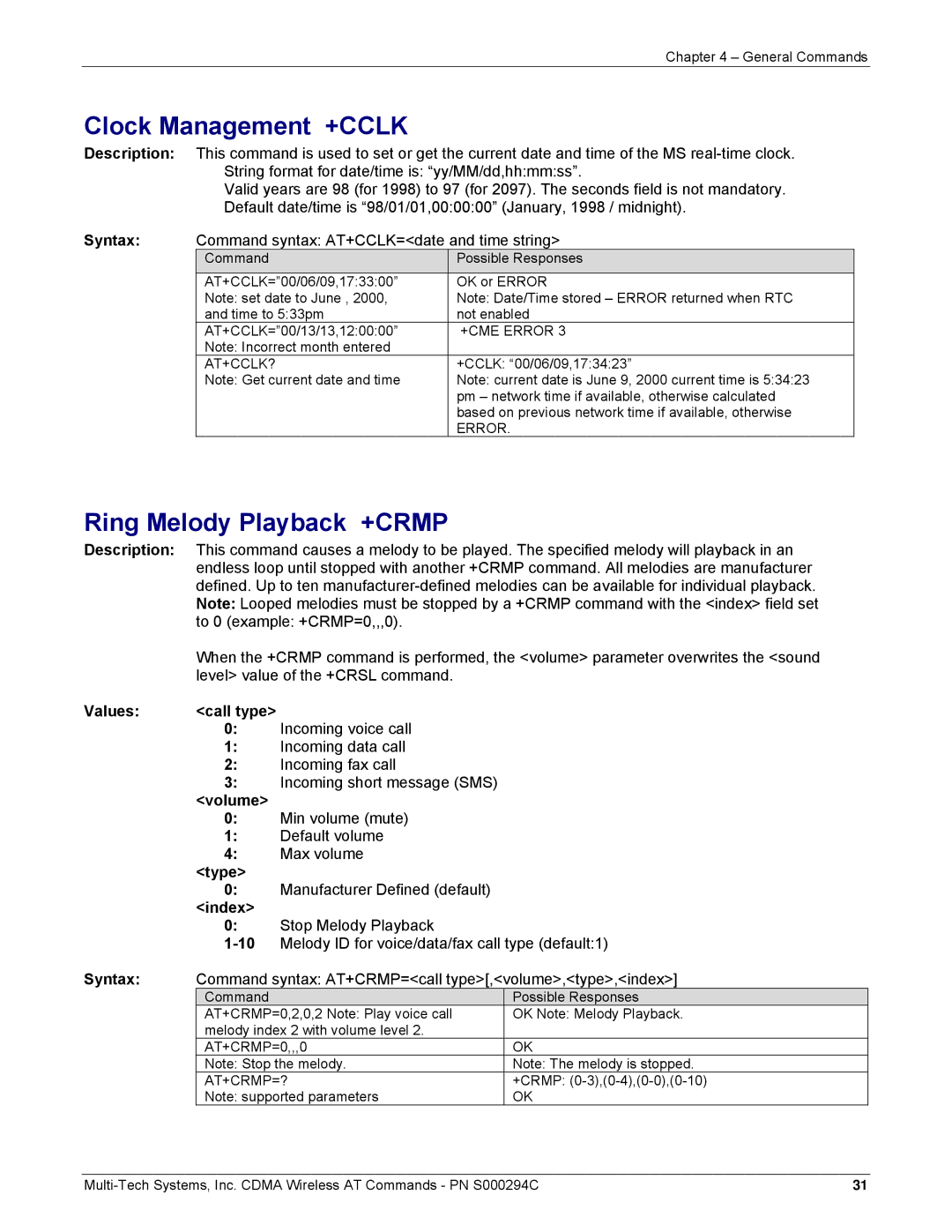 Multi-Tech Systems CDMA Wireless Modem manual Clock Management +CCLK, Ring Melody Playback +CRMP 