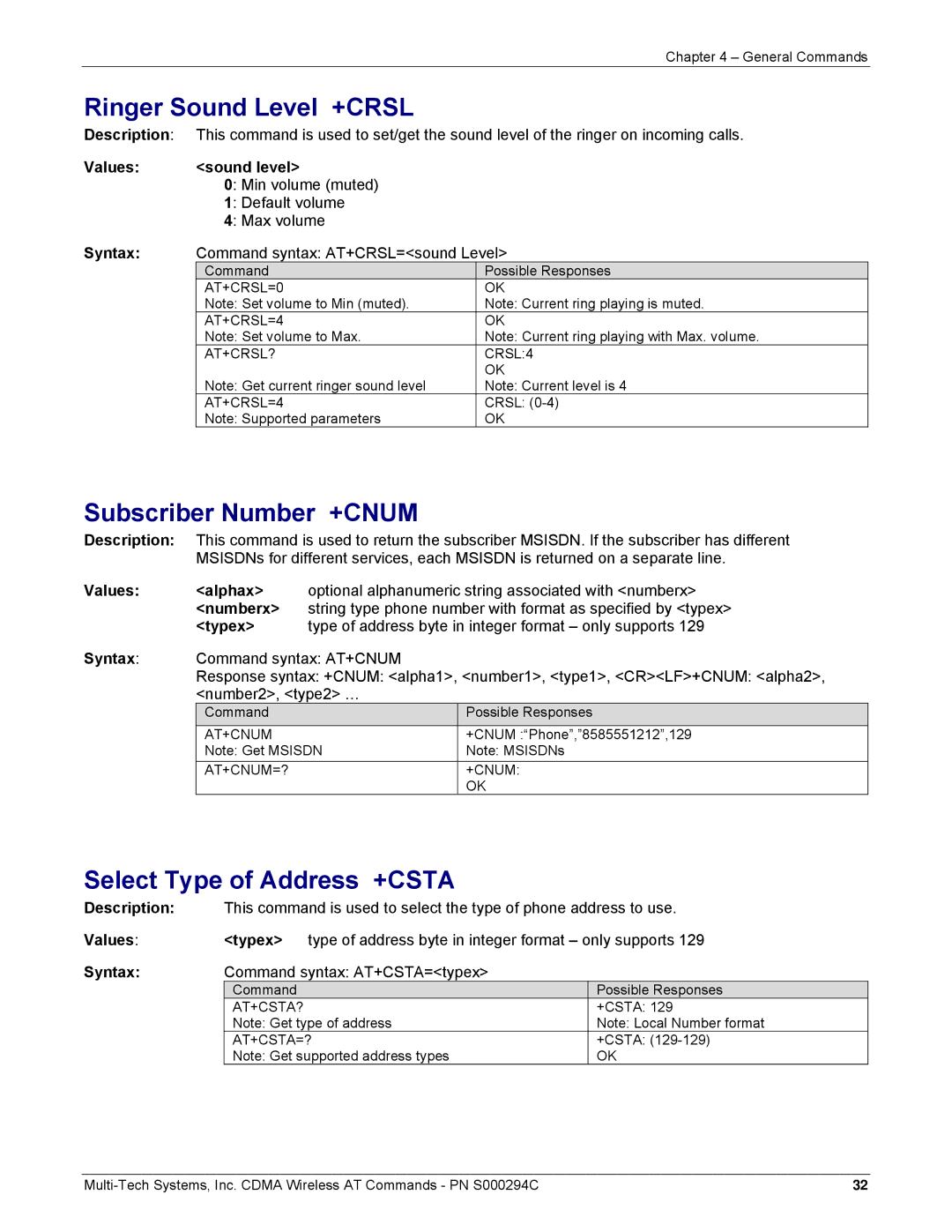 Multi-Tech Systems CDMA Wireless Modem Ringer Sound Level +CRSL, Subscriber Number +CNUM, Select Type of Address +CSTA 