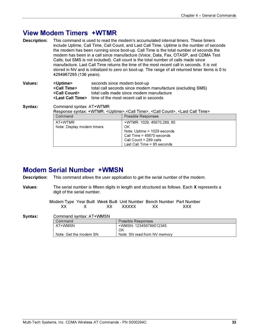 Multi-Tech Systems CDMA Wireless Modem View Modem Timers +WTMR, Modem Serial Number +WMSN, Command syntax AT+WMSN, At+Wtmr 