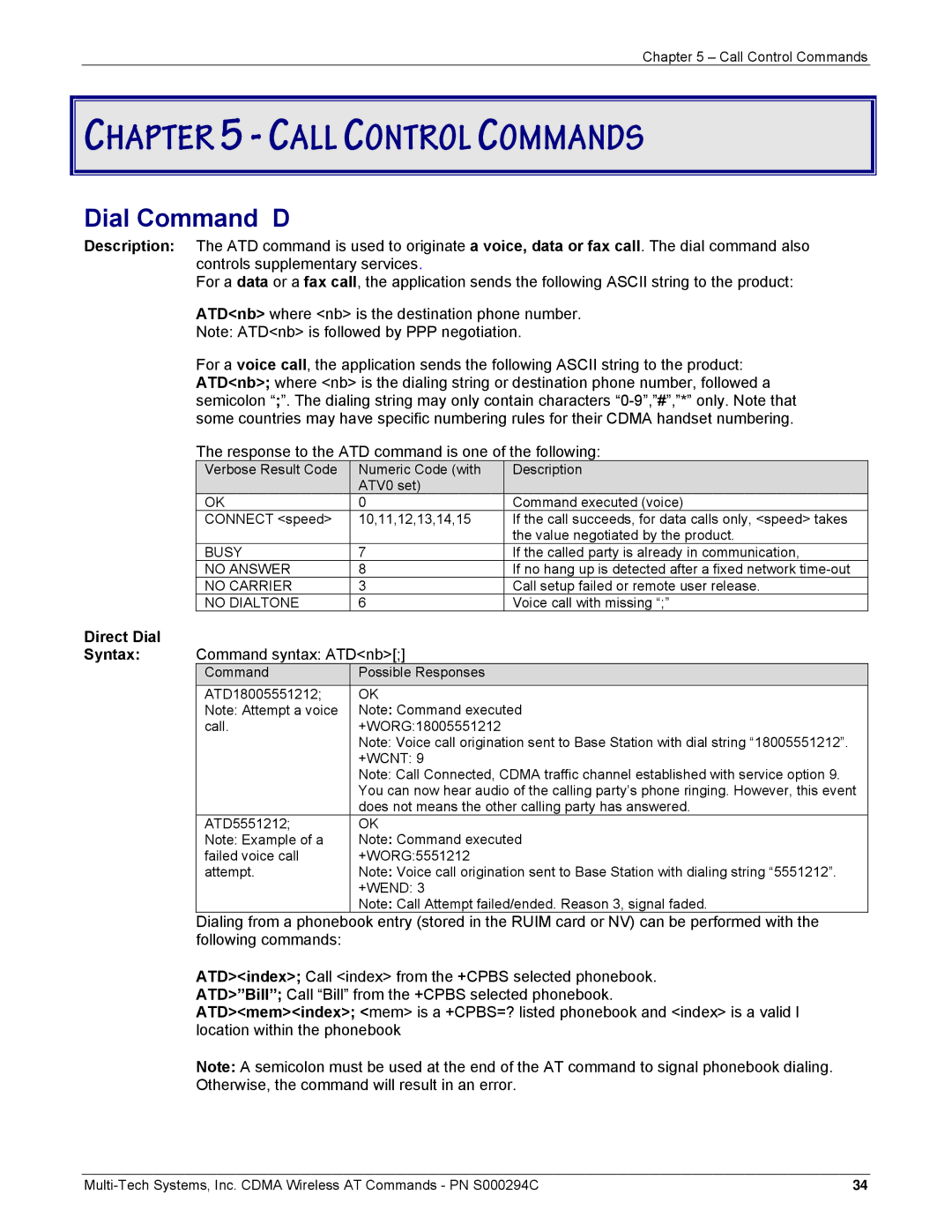 Multi-Tech Systems CDMA Wireless Modem manual Dial Command D, Direct Dial Syntax, Command syntax ATDnb 