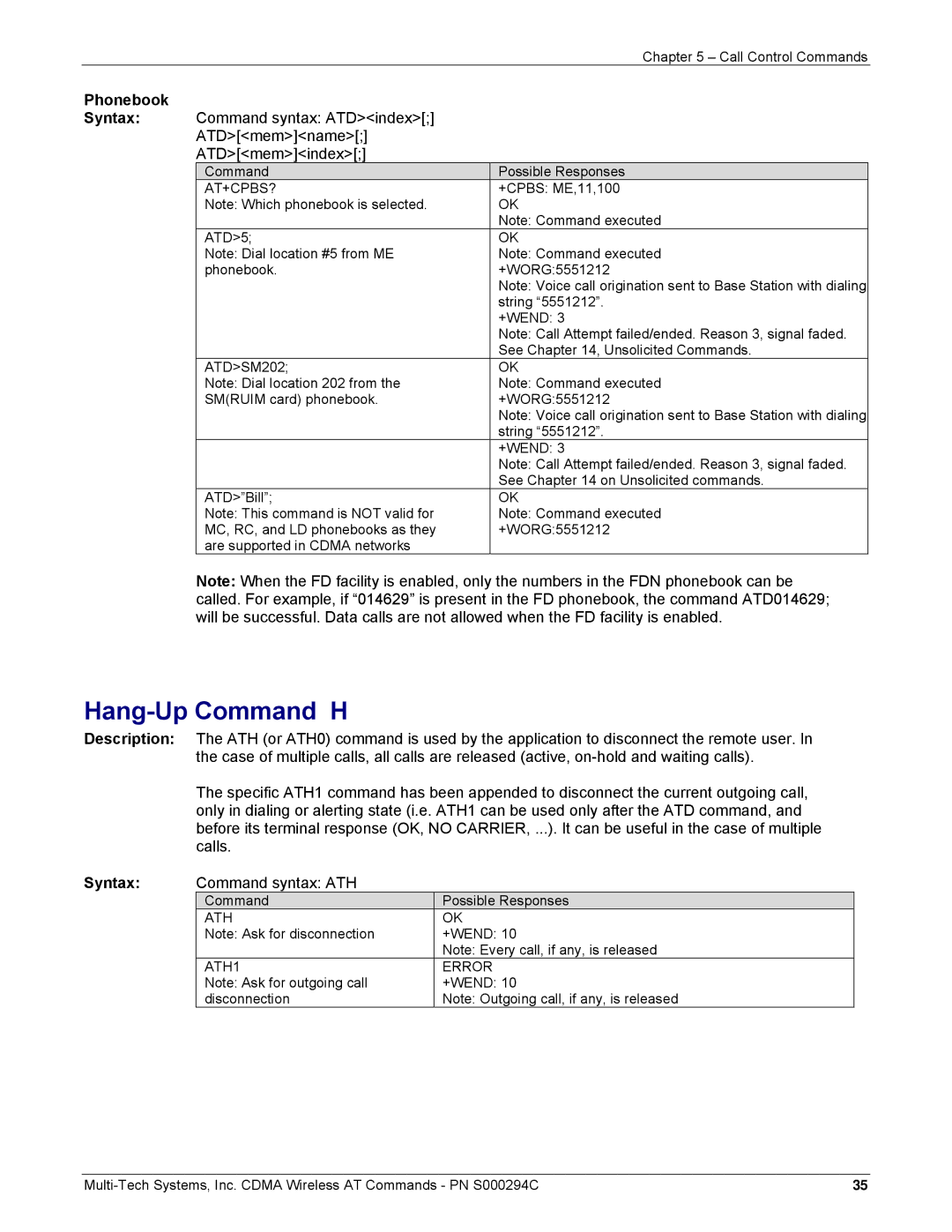 Multi-Tech Systems CDMA Wireless Modem Hang-Up Command H, Phonebook Syntax, Command syntax ATDindex ATDmemname ATDmemindex 