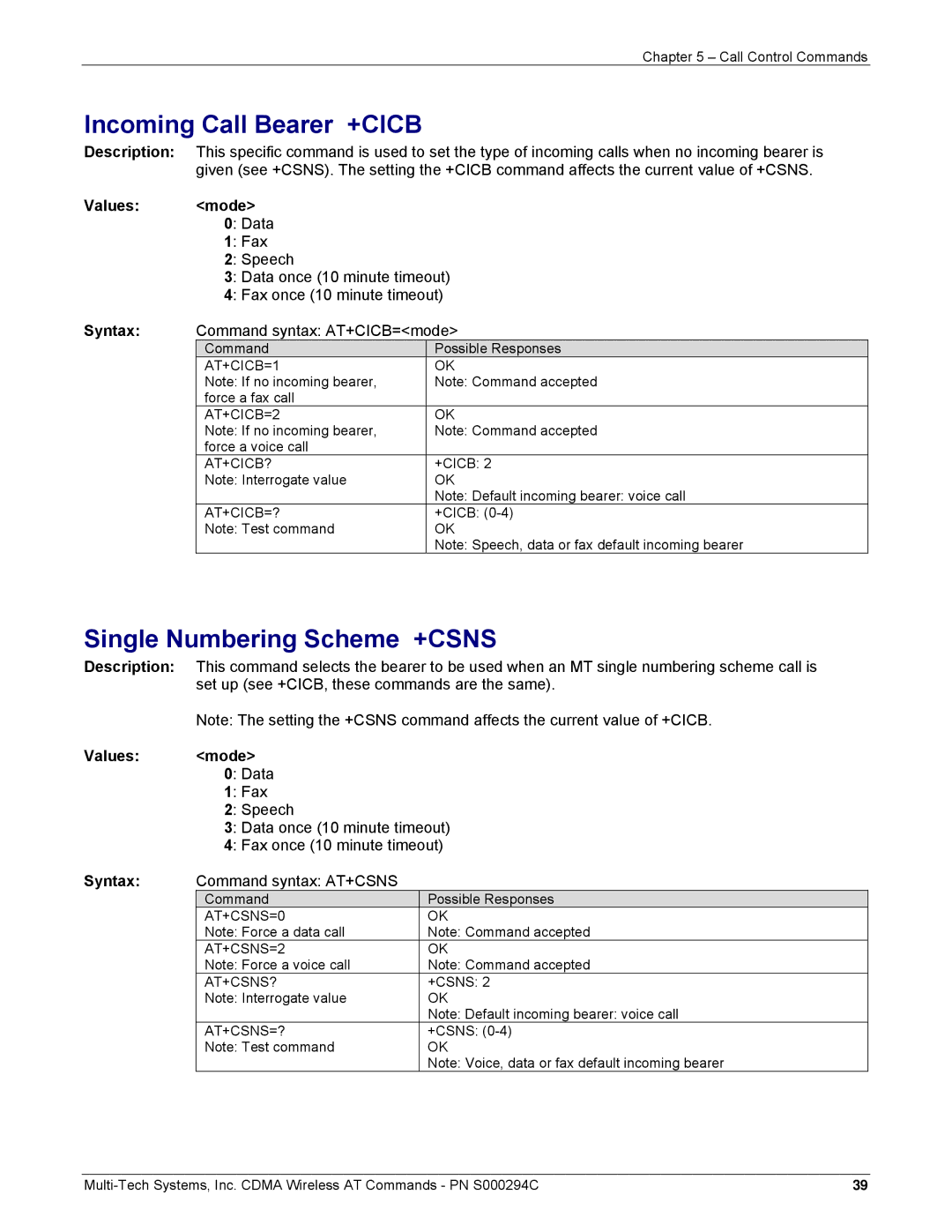 Multi-Tech Systems CDMA Wireless Modem manual Incoming Call Bearer +CICB, Single Numbering Scheme +CSNS, Values Mode 