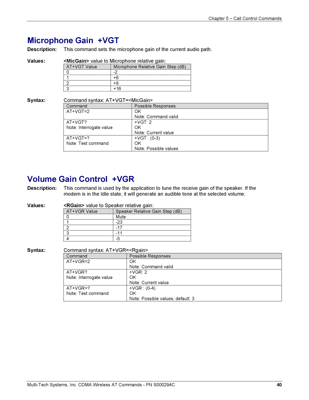 Multi-Tech Systems CDMA Wireless Modem manual Microphone Gain +VGT, Volume Gain Control +VGR 