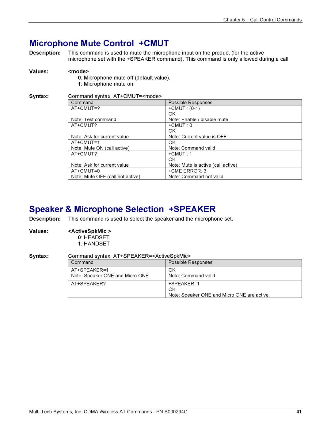 Multi-Tech Systems CDMA Wireless Modem manual Microphone Mute Control +CMUT, Speaker & Microphone Selection +SPEAKER 