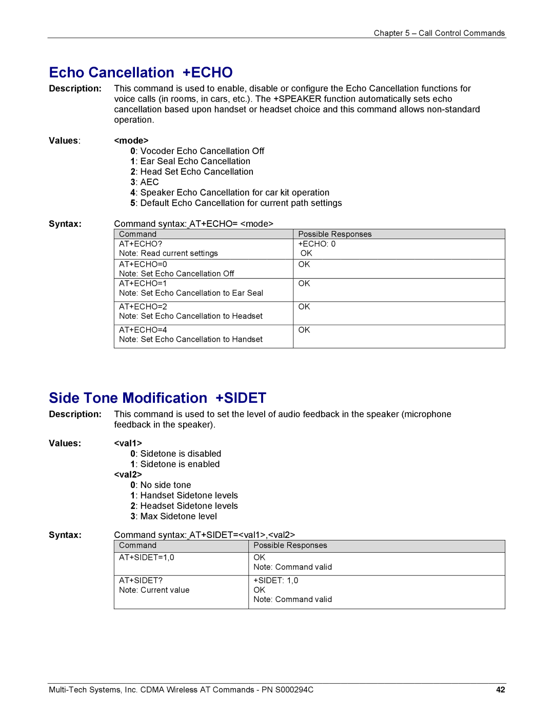 Multi-Tech Systems CDMA Wireless Modem manual Echo Cancellation +ECHO, Side Tone Modification +SIDET, Values Val1, Val2 