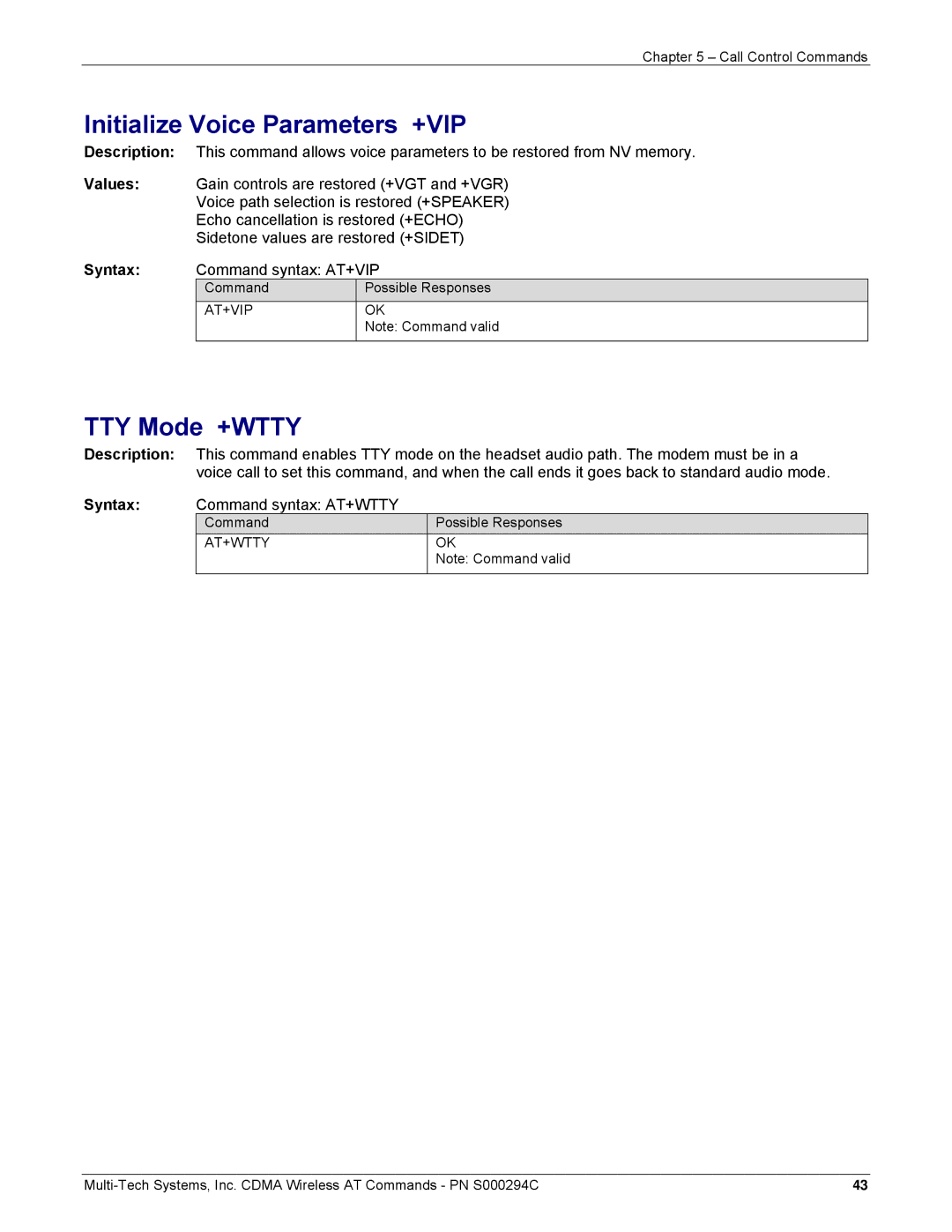 Multi-Tech Systems CDMA Wireless Modem manual Initialize Voice Parameters +VIP, TTY Mode +WTTY, At+Vip, At+Wtty 