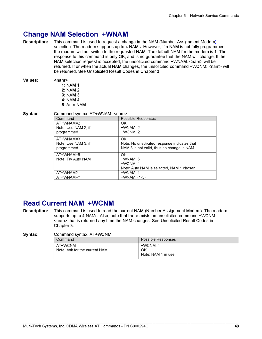 Multi-Tech Systems CDMA Wireless Modem manual Change NAM Selection +WNAM, Read Current NAM +WCNM, Values Nam 