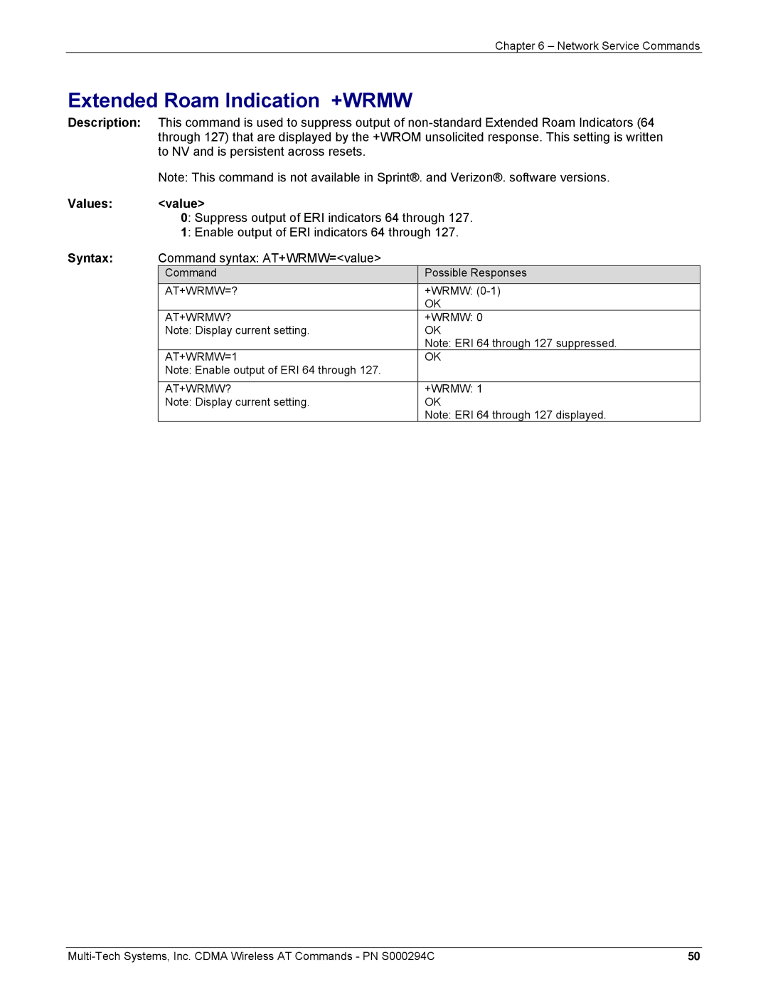 Multi-Tech Systems CDMA Wireless Modem manual Extended Roam Indication +WRMW, Suppress output of ERI indicators 64 through 