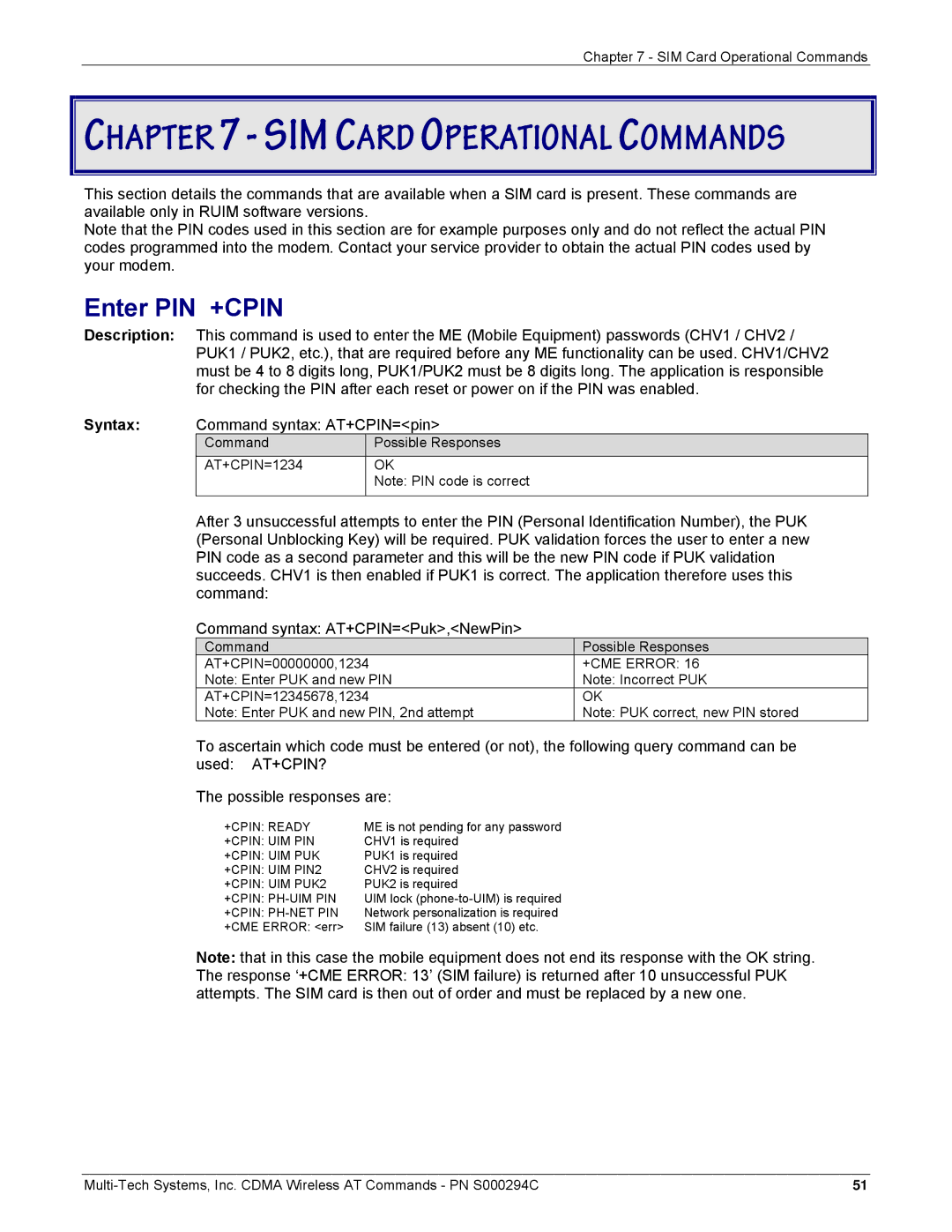 Multi-Tech Systems CDMA Wireless Modem manual SIM Card Operational Commands, Enter PIN +CPIN 