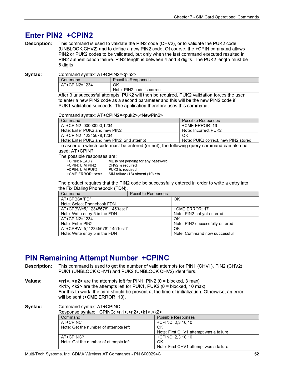 Multi-Tech Systems CDMA Wireless Modem manual Enter PIN2 +CPIN2, PIN Remaining Attempt Number +CPINC 