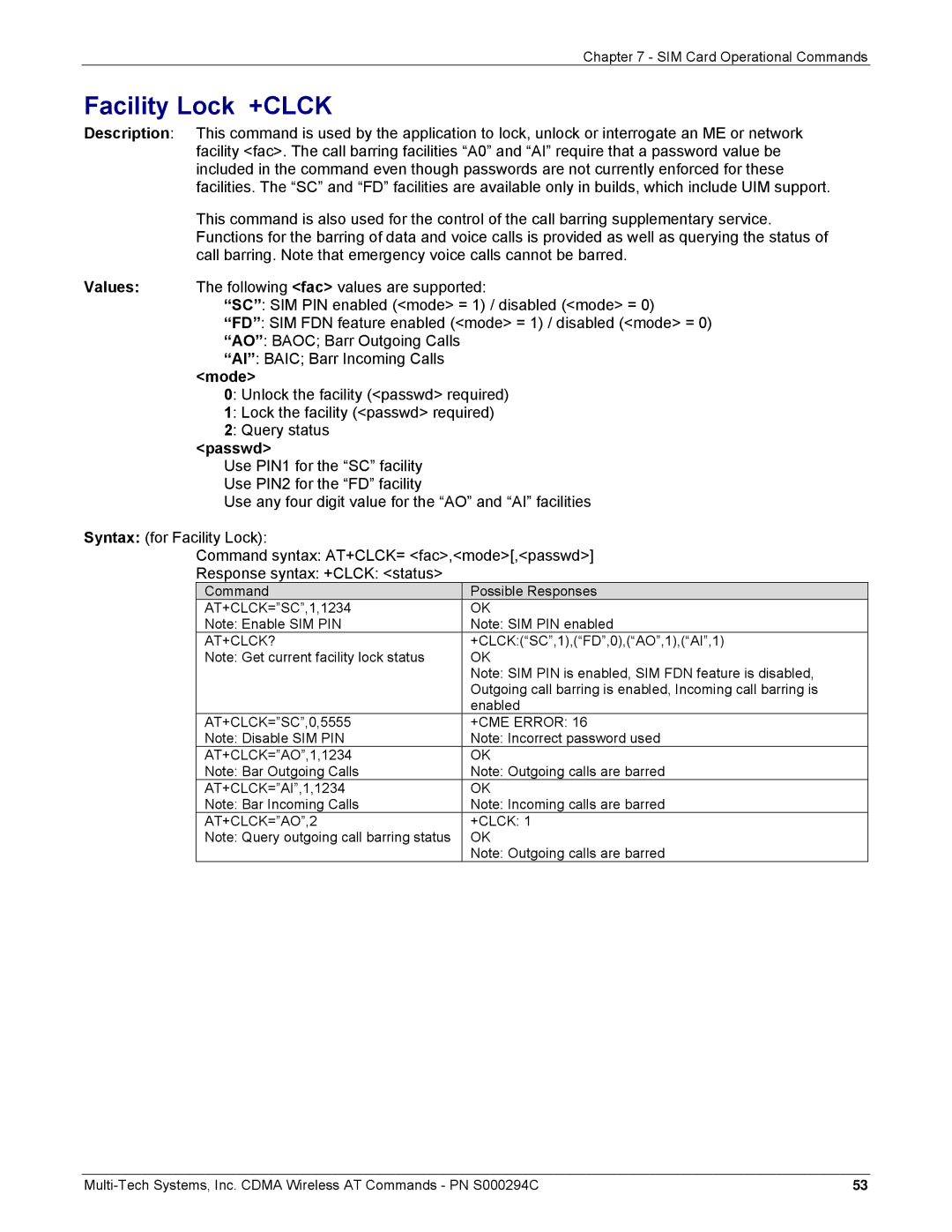 Multi-Tech Systems CDMA Wireless Modem manual Facility Lock +CLCK, Passwd, At+Clck?, AT+CLCK=AO,2 