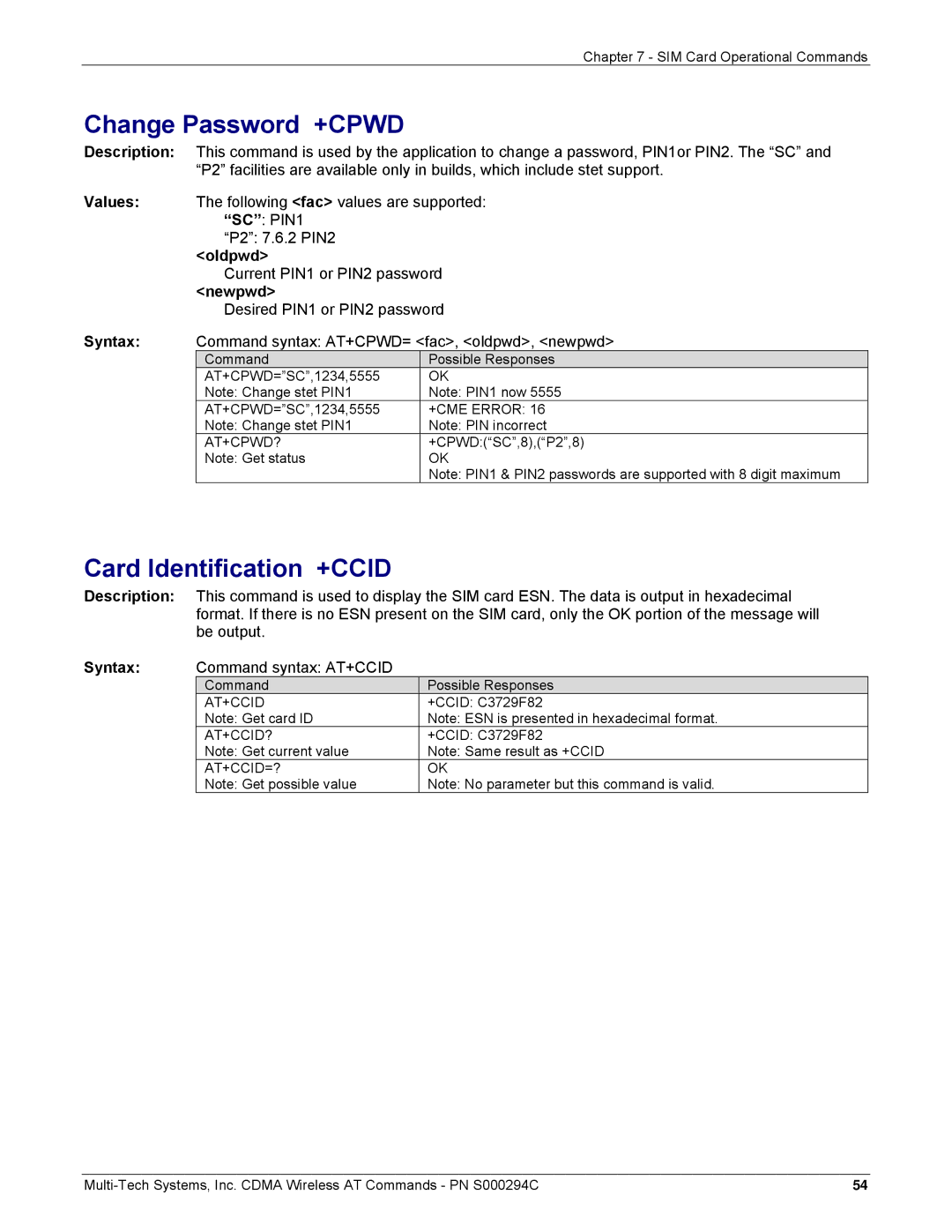 Multi-Tech Systems CDMA Wireless Modem manual Change Password +CPWD, Card Identification +CCID, Oldpwd, Newpwd 