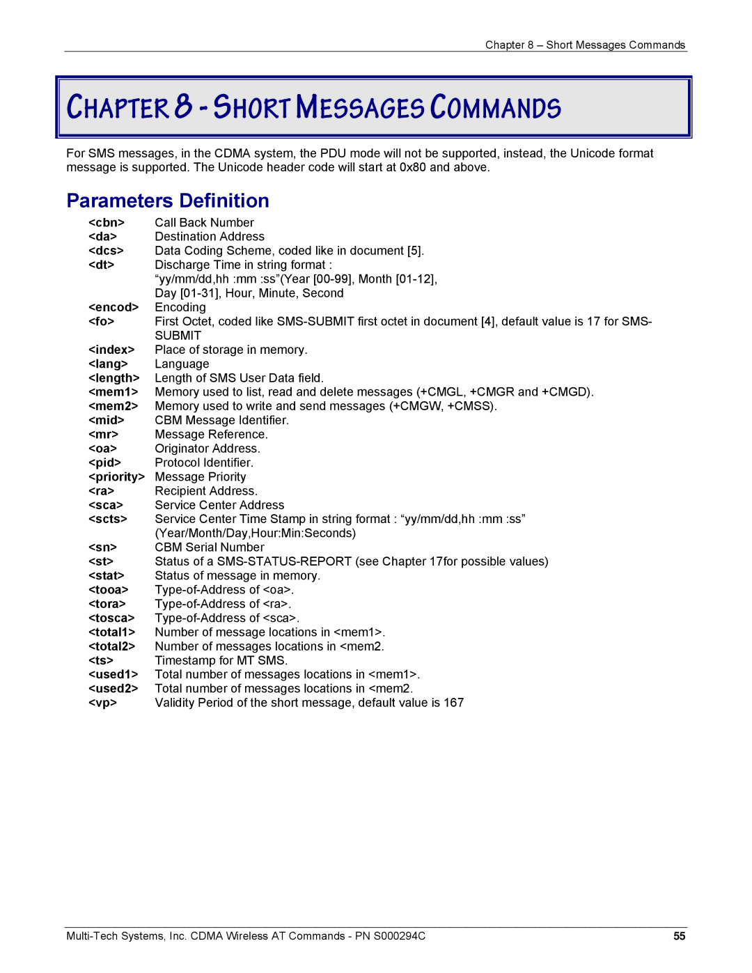 Multi-Tech Systems CDMA Wireless Modem manual Parameters Definition 