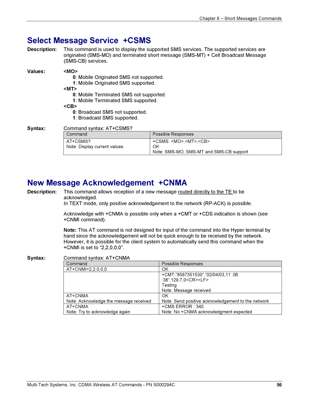 Multi-Tech Systems CDMA Wireless Modem manual Select Message Service +CSMS, New Message Acknowledgement +CNMA 