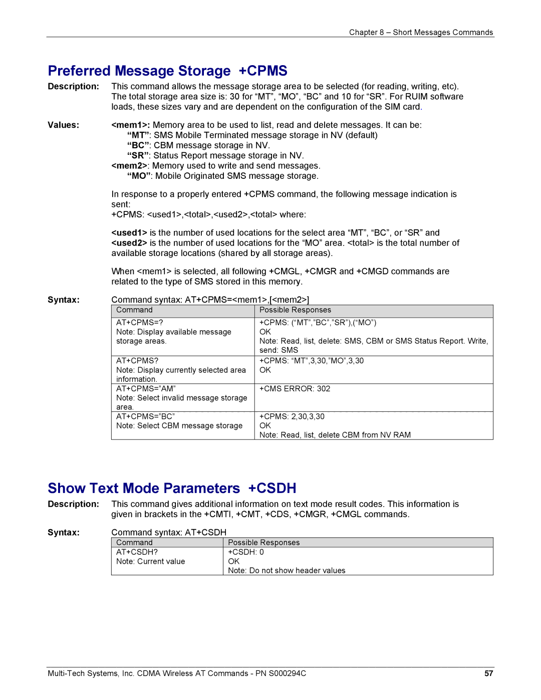 Multi-Tech Systems CDMA Wireless Modem manual Preferred Message Storage +CPMS, Show Text Mode Parameters +CSDH 