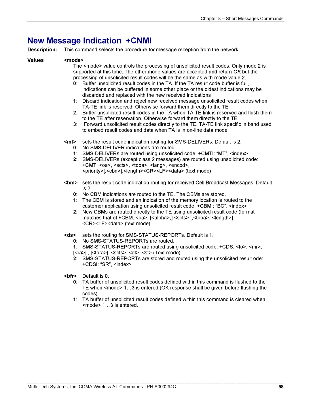 Multi-Tech Systems CDMA Wireless Modem manual New Message Indication +CNMI, Bfr 