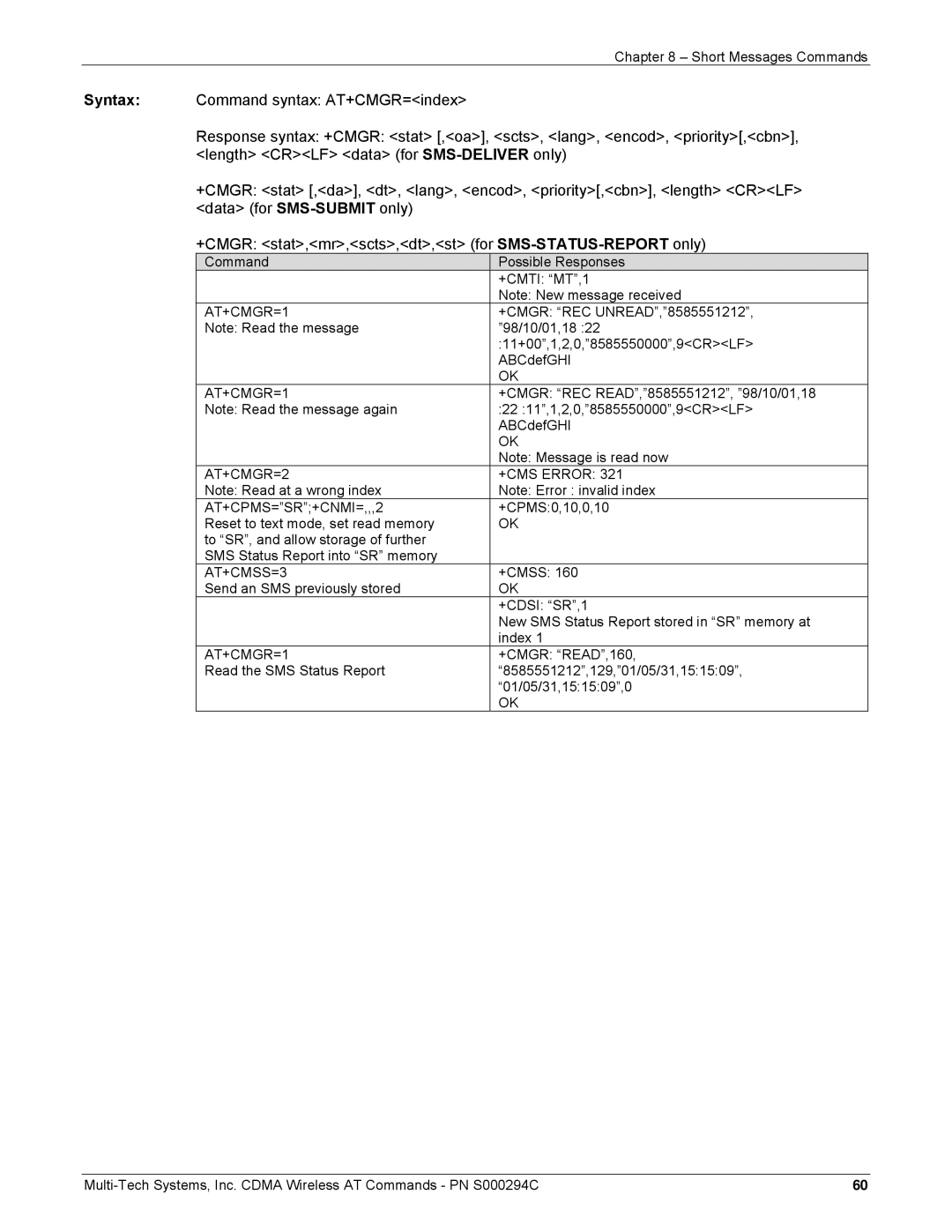 Multi-Tech Systems CDMA Wireless Modem manual AT+CMGR=1, AT+CMGR=2 +CMS Error AT+CPMS=SR+CNMI=,,,2, AT+CMSS=3 