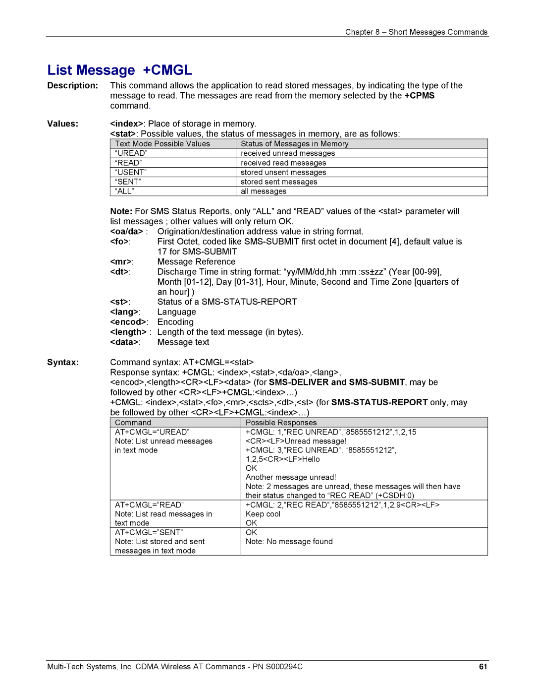 Multi-Tech Systems CDMA Wireless Modem manual List Message +CMGL, Index Place of storage in memory 