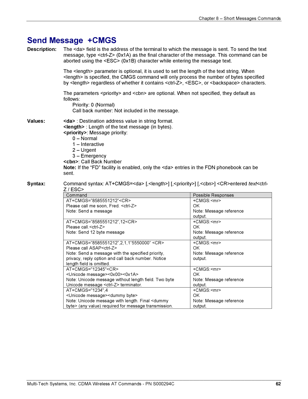 Multi-Tech Systems CDMA Wireless Modem manual Send Message +CMGS, Da Destination address value in string format 