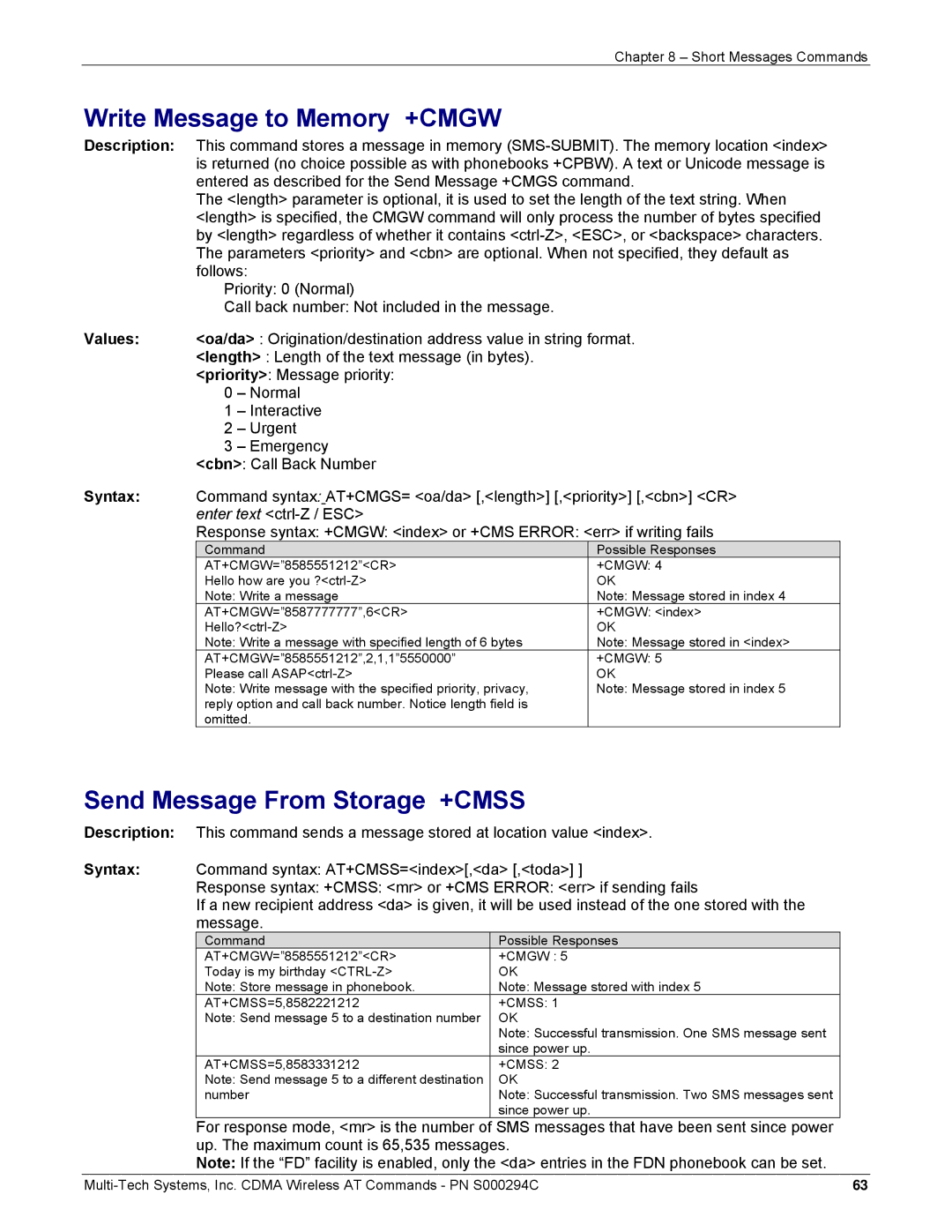 Multi-Tech Systems CDMA Wireless Modem manual Write Message to Memory +CMGW, Send Message From Storage +CMSS 