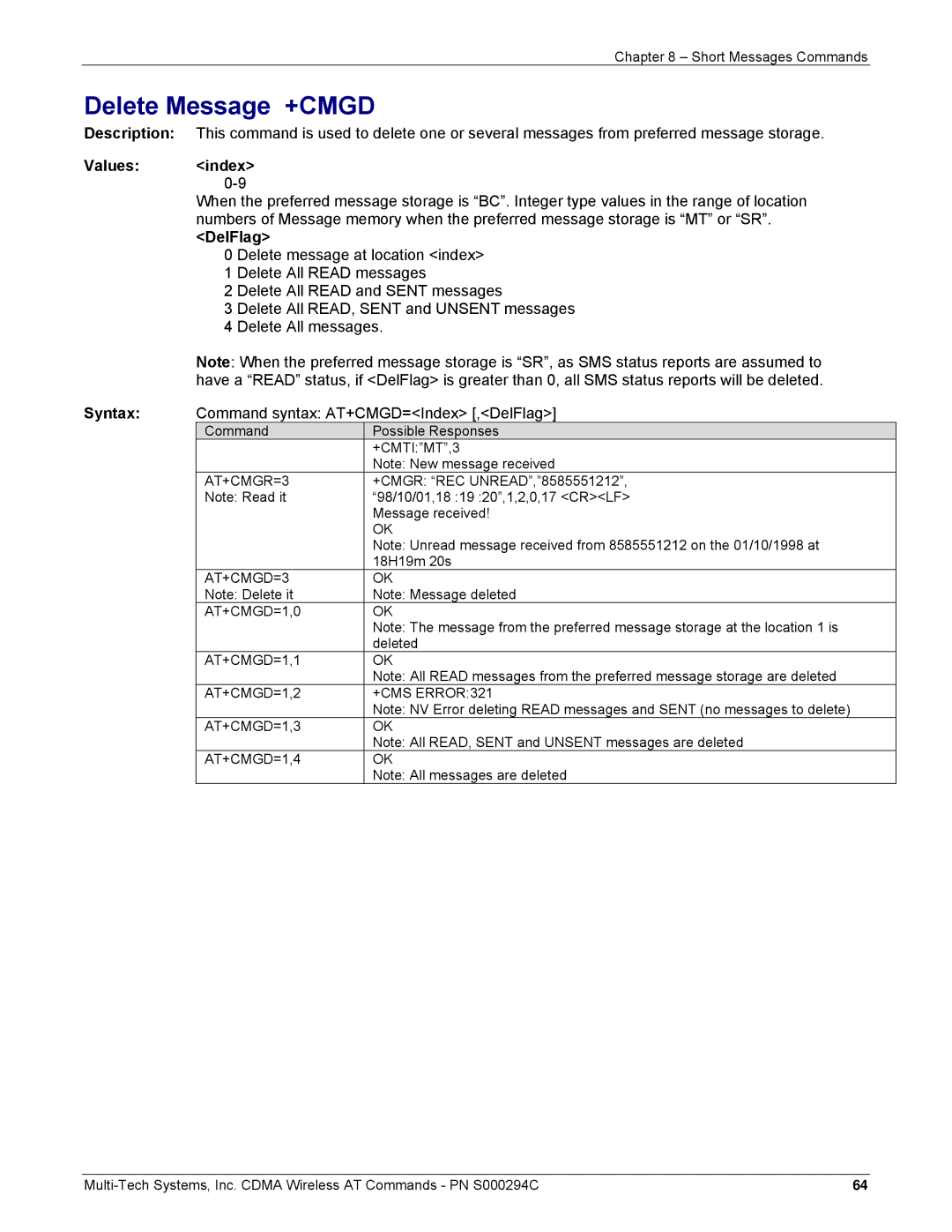 Multi-Tech Systems CDMA Wireless Modem manual Delete Message +CMGD, Values index, Command syntax AT+CMGD=Index ,DelFlag 